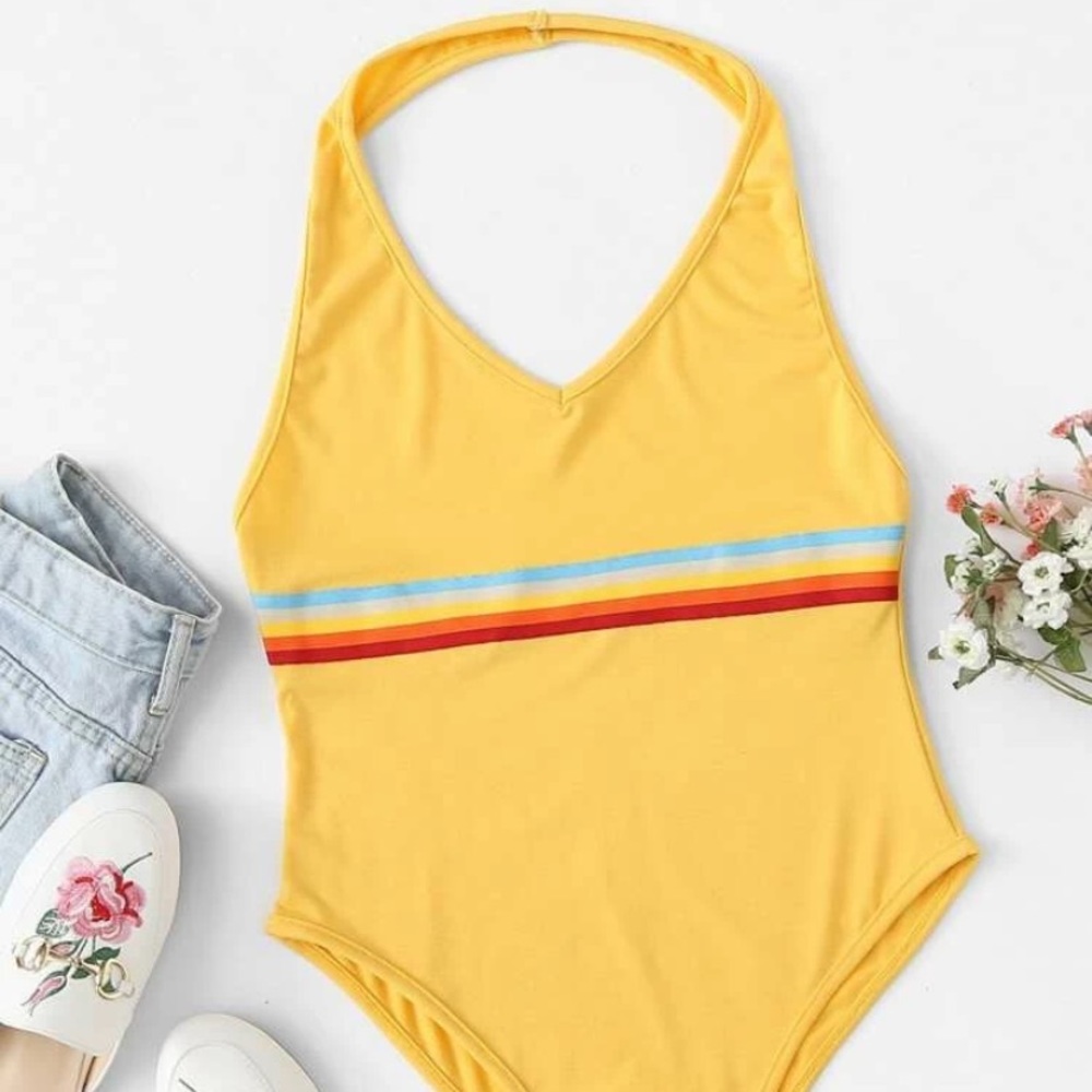 Striped Tape Halter Bodysuit